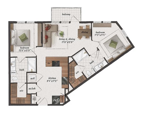 2 Bedroom, 2 Bathroom, 1020 Square Feet - B2 Floorplan at St. Elmo Apartments in Austin, TX